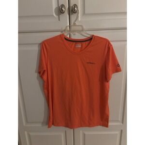 Merrell Women Orange Striped V Neck Athletic T Shirt Top Size L